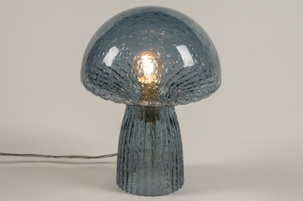 Foto 15508: Design-Tischlampe 'Pilz' aus blauem Glas