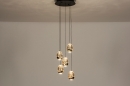 Foto 15004-2: Hanglamp met ronde plafondplaat en vijf eivormige glazen in amberkleur