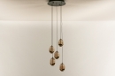 Foto 15004-4: Hanglamp met ronde plafondplaat en vijf eivormige glazen in amberkleur