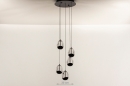 Foto 15005-1: Hanglamp met ronde plafondplaat en vijf eivormige glazen