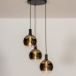 Foto 15249-6: Zwarte hanglamp met drie bollen van spiegelend goud glas