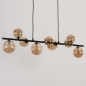 Foto 15253-17: Langwerpige hanglamp in het zwart met negen bollen van glas in amber kleur