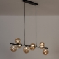 Foto 15253-2: Langwerpige hanglamp in het zwart met negen bollen van glas in amber kleur