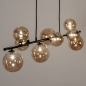 Foto 15253-5: Langwerpige hanglamp in het zwart met negen bollen van glas in amber kleur