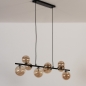Foto 15253-8: Langwerpige hanglamp in het zwart met negen bollen van glas in amber kleur