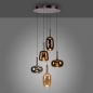Foto 15849-2: In hoogte verstelbare grote led hanglamp met vijf verschillende glazen in koffiekleur met amber, koper en rookglas
