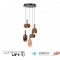 Foto 15849-3: In hoogte verstelbare grote led hanglamp met vijf verschillende glazen in koffiekleur met amber, koper en rookglas