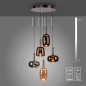 Foto 15849-6: In hoogte verstelbare grote led hanglamp met vijf verschillende glazen in koffiekleur met amber, koper en rookglas