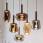 Foto 15851-1: In hoogte verstelbare grote led hanglamp met zes verschillende glazen in koffiekleur met amber, koper en rookglas