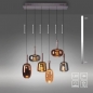 Foto 15851-9: In hoogte verstelbare grote led hanglamp met zes verschillende glazen in koffiekleur met amber, koper en rookglas