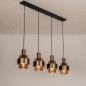 Foto 15858-4: Hanglamp met vijf kokers van bruinkleurig glas met bronzen kokers aan een rechthoekige plafondplaat