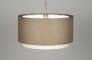 Foto 30140-1 vooraanzicht: Moderne hanglamp voorzien van een dubbele stoffen kap in taupe / witte kleur.
