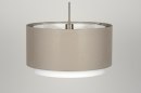 Foto 30140-4 vooraanzicht: Moderne hanglamp voorzien van een dubbele stoffen kap in taupe / witte kleur.