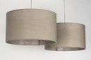 Foto 30625-9: Dubbele hanglamp met twee stoffen kappen in taupe