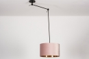 Foto 30919-4: Verstelbare hanglamp met knikarm en luxe roze lampenkap van fluweel met koperkleurige binnenkant