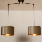 Foto 30925-3: Verstelbare dubbele hanglamp met twee taupe lampenkappen van fluweel met een koperkleurige binnenkant