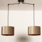 Foto 30925-6: Verstelbare dubbele hanglamp met twee taupe lampenkappen van fluweel met een koperkleurige binnenkant