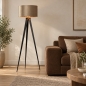 Foto 30962-15: Sfeervolle vloerlamp / Tripod lamp in een trendy kleurencombinatie; mat zwart - taupe - champagne / metallic, geschikt voor led verlichting.