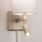 Foto 31449-6 niet_in_feed: Beige bedlamp met hoge koker kap in het wit en extra led leeslamp 