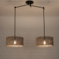 Foto 31515-2: Verstelbare hanglamp in zwart met twee grote ronde kappen van bamboe in zwart met naturel 