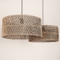 Foto 31533-10: Dubbele rotan hanglamp met twee grote bamboe kappen rond in naturel met zwart E27