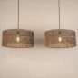 Foto 31533-7: Dubbele rotan hanglamp met twee grote bamboe kappen rond in naturel met zwart E27