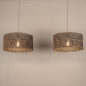 Foto 31545-6: Beige hanglamp met twee ronde rotan kappen in naturel met zwart