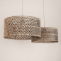Foto 31545-9: Beige hanglamp met twee ronde rotan kappen in naturel met zwart