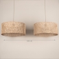 Foto 31548-1: Rotan hanglamp met twee ronde bamboe kappen aan beige plafondplaat E27