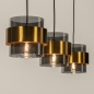 Foto 74708-3: Hanglamp met drie kokers van rookglas en gouden ringen