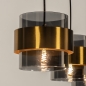 Foto 74708-9: Hanglamp met drie kokers van rookglas en gouden ringen
