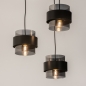 Foto 74712-5: Zwarte hanglamp met drie kokers van rookglas aan een ronde plafondplaat