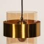 Foto 74713-13: Hanglamp met drie kokers van amberkleurig glas met gouden details aan een ronde plafondplaat