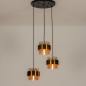 Foto 74713-2: Hanglamp met drie kokers van amberkleurig glas met gouden details aan een ronde plafondplaat