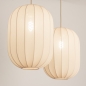Foto 74884-5 schuinaanzicht: Dubbele hanglamp in beige met lange kappen in ovale vorm 