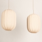 Foto 74884-7 schuinaanzicht: Dubbele hanglamp in beige met lange kappen in ovale vorm 
