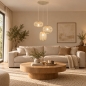 Foto 75132-17: Beige hanglamp met drie verschillende open kappen met platte spijlen 