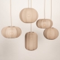 Foto 75299-10: Grote japandi hanglamp met vijf lampionnen van taupe stof en ovale plafondplaat