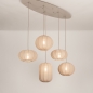 Foto 75299-2: Grote japandi hanglamp met vijf lampionnen van taupe stof en ovale plafondplaat