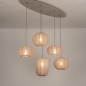 Foto 75299-3: Grote japandi hanglamp met vijf lampionnen van taupe stof en ovale plafondplaat