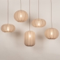 Foto 75299-6: Grote japandi hanglamp met vijf lampionnen van taupe stof en ovale plafondplaat
