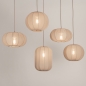 Foto 75299-7: Grote japandi hanglamp met vijf lampionnen van taupe stof en ovale plafondplaat