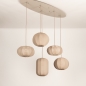 Foto 75299-8: Grote japandi hanglamp met vijf lampionnen van taupe stof en ovale plafondplaat