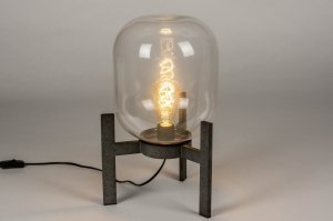 tafellamp 12577 industrieel modern stoer raw glas helder glas metaal grijs zilver  oud zilver rond