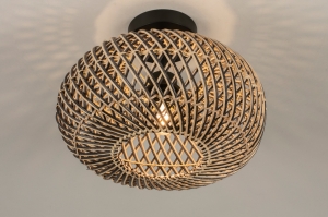 plafondlamp 15159 landelijk modern retro hout metaal riet zwart naturel rond