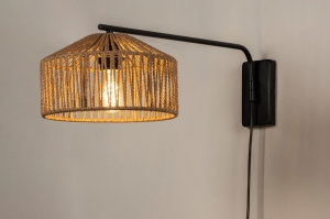 wandlamp 15230 landelijk modern retro metaal zwart mat bruin naturel rond langwerpig