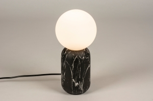 tafellamp 15348 modern retro eigentijds klassiek art deco glas wit opaalglas metaal zwart wit rond