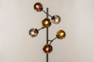 vloerlamp 15395 modern retro eigentijds klassiek glas metaal zwart grijs goud chroom roodkoper rond