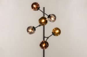 staande lamp 15395 modern retro eigentijds klassiek glas metaal zwart grijs goud chroom roodkoper rond