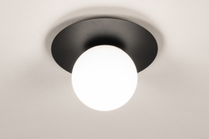 plafondlamp 15578 modern eigentijds klassiek art deco glas wit opaalglas metaal zwart mat wit mat rond
